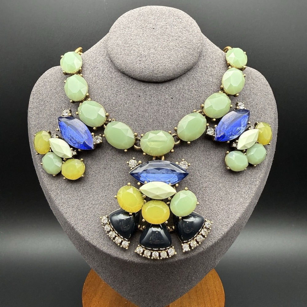 Y2K J Crew Jade Green Brulee Jumbo Blue Rhinestone Chunky Statement Bib Necklace